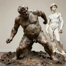 a huge fat man from arkansas struggling in a mud pit, sculpture by rodin and michaelangelo
