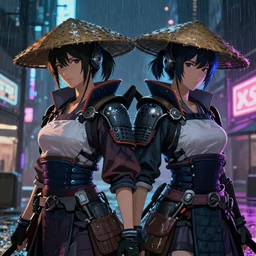 two 2 beautiful female samurai, with straw hat, cyberpunk 2077, city background, rainy night, neon glow concept art, sharp focus, intricate, digital painting, artstation, official media, anime key visual, highly detailed, rich vivid colors ambient lighting, illustration, art by Artgerm, Makoto Shinkai, Ilya Kuvshinov, Lois Van Baarle and Rossdraws