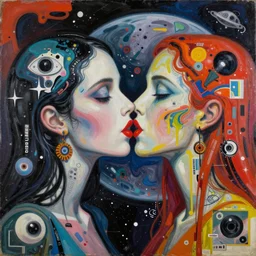 abstract painting of two bizarre psychedelic women kissing each other closeup on an alien planet, speculative evolution, mixed media collage by basquiat and junji ito, magazine collage art