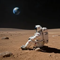 dream the lonely astronaut sitting on the surface of mars, looking into dark distant space and seeing earth in the distance, photorealistic vfx render, highly detailed, cinematic