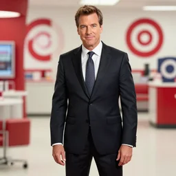 andy richter wearing a black suit and necktie starring in a target commercial outside a television studio, 1 9 9 8 tv still, saturated colors, target logo