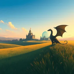 a stylized 2 d cinematic keyframe of a serene field with a glasss castle and a dragon, joy gaze, cel - shaded, classical animation, edge - to - edge print, rendered by studio ghibli, artgerm, alyssa monks, andreas rocha, david kassan, neil blevins, rule of thirds, golden ratio, ambient lighting, art