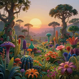 sunrise in alien planet, full of vegetation, stunning garden of alien flowers, colourful plants, trees, vibrant colours, beautiful matte painting, dreamy, high detail, matte painting, artstation, in the style of martin johnson heade and roger dean