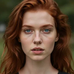close up portrait photograph of a thin young redhead woman with russian descent, sunbathed skin, with deep blue symmetrical!! eyes and Wavy long maroon colored hair who looks directly at the camera, with a Slightly open mouth, face takes up half of the photo. a park visible in the background. 55mm nikon. Intricate. Very detailed 8k texture. Sharp. Cinematic post-processing. Award winning portrait photography. Sharp eyes.