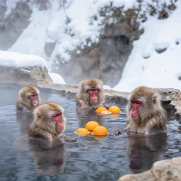 a family of Japanese macaques in a snowy hot spring, oranges floating in the water, early morning