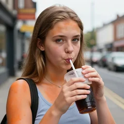 a close up shot overcast light street portrait of a bright average middle class irish teenager girl wearing a orangeish self - tanner drinking a soda at a fast food