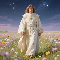 ( hyperrealistic portrait of a war cleric in robes full of runes walks through the flower meadow, the flower meadow is decorated with a starry sky ) by noah bradley, photorealistic, dynamic lighting, very detailed faces, trending on artstation, wallpaper, dream, 4 k, award winning, lovely pastel colors, ethereal, elegant