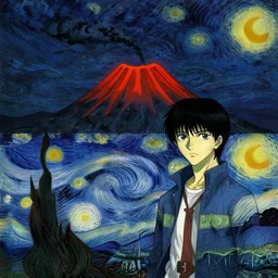a volcano at night, artwork by junji ito and van gogh, junji ito, van gogh