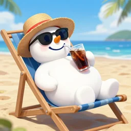 snowman! wearing sunglasses, wearing straw hat, drinking cold soda, lying on deckchair, sandy beach, beautiful sunny day, anime style, photorealistic image ultra detailed, high resolution, trending at artstation