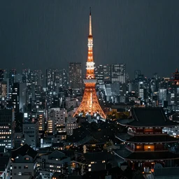 Overview of the city of Tokyo by night, under heavy rain. Skyscrapers and temples. Hardboiled. Noir. Cinematic, hyper realistic, 3D, hyper detailed, ambient lighting