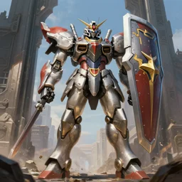 mecha knight with a huge shield guarding the city entrance, concept art, digital painting, trending on artstation, deviantart, epic composition, extremely detailed, volumetric lighting, masterpiece, octane render