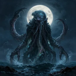 a digital painting of a gigantic cthulhu coming out of the sea, back lighting, dramatic scene, detailed, night time, full moon, in the style of greg rutkowski