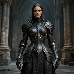 women, concept art, dark fantasy, athletic body, symmetrical face, insanely detailed, ultra realistic details + hyper real + unreal engine 5 + octane render, plum latex carved intricate armor by h. r. giger, beautiful portrait + full body + no blur + symmetrical + beautiful lighting + post processing + hd resolution, historical image, photorealistic, medium shot, selfie of, abandon cathedral, photorealisticgolden ratio
