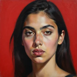 portrait of a latina woman, red background, ultra detailed, extreme close up, oil on canvas, dynamic, strong shadows, 4 k, illustration, by kehinde wiley, kadir nelson, john william waterhouse, edward hopper