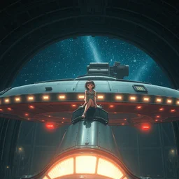 a film still of a 1 9 5 0's mechanic anime girl sitting on top of flying ufo landing in hangar of giant ufo spaceship, finely detailed features, full body mid shot, perfect art,, trending on pixiv fanbox, painted by gaston bussiere, makoto shinkai, akihiko yoshida, gaston bussiere, craig mullins, studio ghibli
