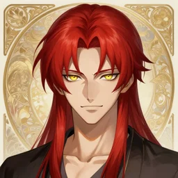 portrait of hisoka morow hunter hunter, male, very very sharp jaw yellow eyes very very narrow yellow iris red hair soft hair swept back crimson medium length hair, anime, fantasy, intricate, elegant, highly detailed, digital painting, artstation, concept art, matte, sharp focus, illustration, art by artgerm and greg rutkowski and alphonse mucha