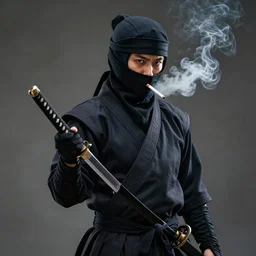 photo realistic ninja with a katana smoking cigarette