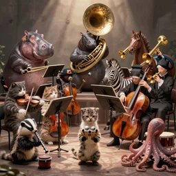 a classical orchestra where all players are animals, cats playing violins, dogs playing violas, zebras playing cellos, hippopotamus playing tuba, horses playing trombones and trumpets, badgers playing clarinette and oboe, ferret playing flute, octopus playing percussions