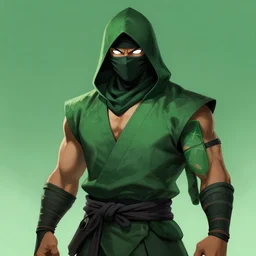 matte painting, professional portrait of a muscular hooded ninja warrior, japanese clothes, japanese fashion, green color scene, white eyes, by peter mohrbacher
