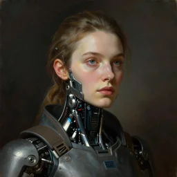 complete portrait of a worker with a cyberpunk prosthesis, by donato giancola, and nikolay makovsky.