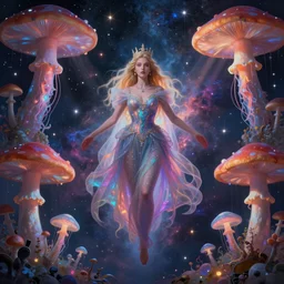 portrait of queen of dreams, extremely beautiful is floating among many nebula stars with lots of gigantic mushrooms and jellyfish, symmetrical composition, by gediminas pranckevicius, jacek yerka, rob gonsalves, peter gric, digital painting, octane rendered, crepuscular rays, neon colors vibrant colors, trending on artstation