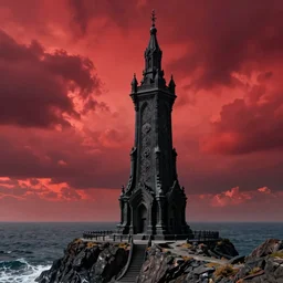 a black stone tower on a cliff over the ocean, red sky, cloudy sky, fantasy, intricate, elegant, dramatic lighting, emotionally evoking symbolic metaphor, highly detailed, lifelike, photorealistic, digital painting, artstation, concept art, smooth, sharp focus, illustration, art by John Collier and Albert Aublet and Krenz Cushart and Artem Demura and Alphonse Mucha