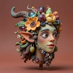 headshot of a trickster nature spirit, head made of fruit gems and flowers in the style of arcimboldo, fragonard, photorealistic, dynamic lighting, action figure, clay sculpture, claymation, dull reddish orance cloudy background