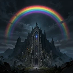 the crypt of the summoner mountain with the black hole rainbow event horizon in the sky, by Anton Semenov, trending on artstation, fantasy alchemist, low light, dark rainbow
