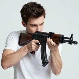 a highly detailed beautiful portrait of tomm yorke shooting a ak 4 7, by gregory manchess, james gurney, james jean
