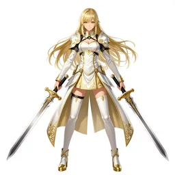 devil may cry Dante's daughter character design sheet, female, white and gold outfit, dual sword wielding, intricate, trending on artstation