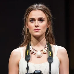 a photograph of Keira Knightley wearing a necklace of seashells from the stage production of The Tempest taken with Nikon D3500