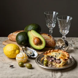 still life by willem claesz heda, avocados, bread, olives, oyster shells, peeled lemons, linen, a house fly, silver, leftover meat pie, overturned chalice, surreal glass goblets,