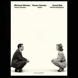 poster artwork by Michael Whelan and Tomer Hanuka, Karol Bak of Alfred Hitchcock squatting crouched over Janet Leigh the middle of a large empty simple room interior, no people, deserted, from scene from Twin Peaks, clean
