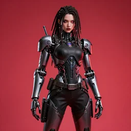 epic photograph. Tokyo 2094. cyberpunk vampire girlArmy exoskeleton fashion, Robotic mech parts, Eye shine. dreadlocks, model standing, rim light, fill light. Studio, solid color background. Octane render, hyper-realistic, 8K, art photography, denoised photorealistic render, insanely detailed intricate