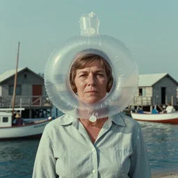 1976 middle aged woman wearing a transluscent inflatable toy head in a small fishing village 1976 French film archival footage technicolor film expired film 16mm Fellini new wave John Waters movie still