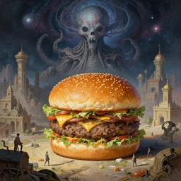 an ancient civilization constructing an enormous cheeseburger, under construction, building, cosmic horror painting, elegant intricate digital painting artstation concept art by mark brooks and brad kunkle detailed