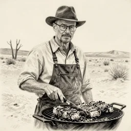 walter White grilling steaks in the desert, pencil sketch, highly detailed