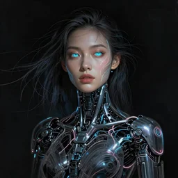 supermodel woman turning into an android portrait, dark surrealism, scifi, intricate neon lines, elegant, stray hair, highly detailed cybernetics, neon glowing eyes, digital painting, artstation, concept art, smooth, sharp focus, illustration, art by artgerm and moebius and alphonse mucha