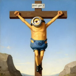 despicable me minion being crucified, medieval painting, titian painting, late renaissance painting
