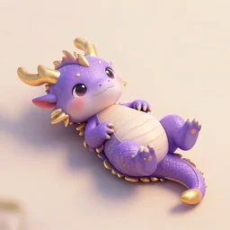 A tiny cute purple and gold dragon lays down on its back, cute dragon looking up relaxing
