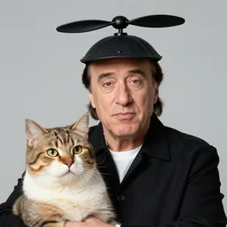 danny devito wearing a propeller hat, and a big cat