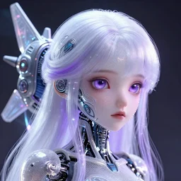 weta movie still very up close portrait, mesh render, of classy elegant sophisticated as a translucent cute dainty cyborg perfect girl ， big eye ， white to purple hair ， glittering light leaks, ultra detailed wire decoration, huge mechanics flying jet backpack, electromagnetic waves, by nixeu and guweiz weta, wlop, ilya kuvshinov, rossdraws,