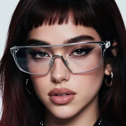Dua lipa wearing futuristic glasses, photorealistic, highly detailed, album cover design