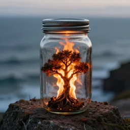 glass jar with a flaming tree, standing on a cliff, bokeh, ocean in the background, metal lid, dramatic lighting, hyperrealistic, highly detailed, sharp focus