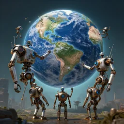 steampunk robots invade earth, trending on artstation, 8K, ultra wide angle, pincushion lens effect