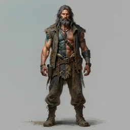 split complementary colours, painted whole body image of rugged homeless hobo man by ruan jia greg rutkowski, uncempt beard and hair, clear face muscular masculine manly mature powerful sensual handsome hobo homeless fantasy intricate elegant detailed digital painting, concept art artstation sharp focus illustration