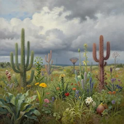 ultra realistic painting of a cloudy sky over a field of alien plants, vegetables and flowers, 8 k