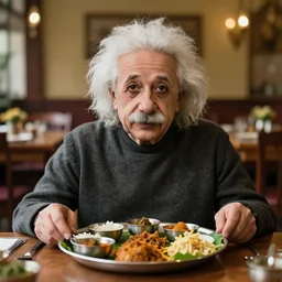 a portrait of albert einstein sitting at the dining table with a plate containing south indian thali in front of him, highly detailed, trending on artstation, bokeh, 9 0 mm, f / 1. 4