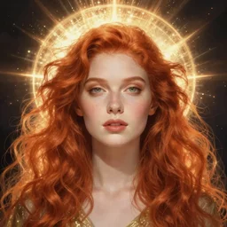 portrait of a cosmic auburn goddess, radiant halo of light, glimmering sparkles, fantasy portrait by wlop and artgerm, artstation, alphonse mucha