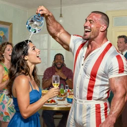 brock lesnar wearing a stripy shellsuit laughs hysterically as his wife pours water over her own head at a party,  painted by norman rockwell and tom lovell and frank schoonover